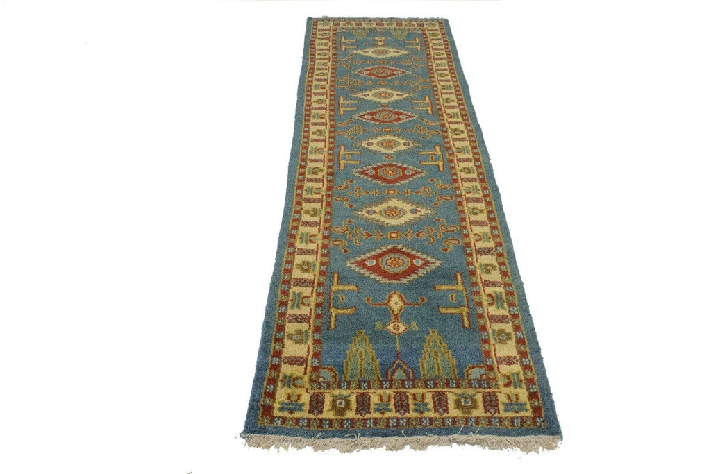 Blue Geometric 2'8X9'5 Kazak Oriental Runner Rug