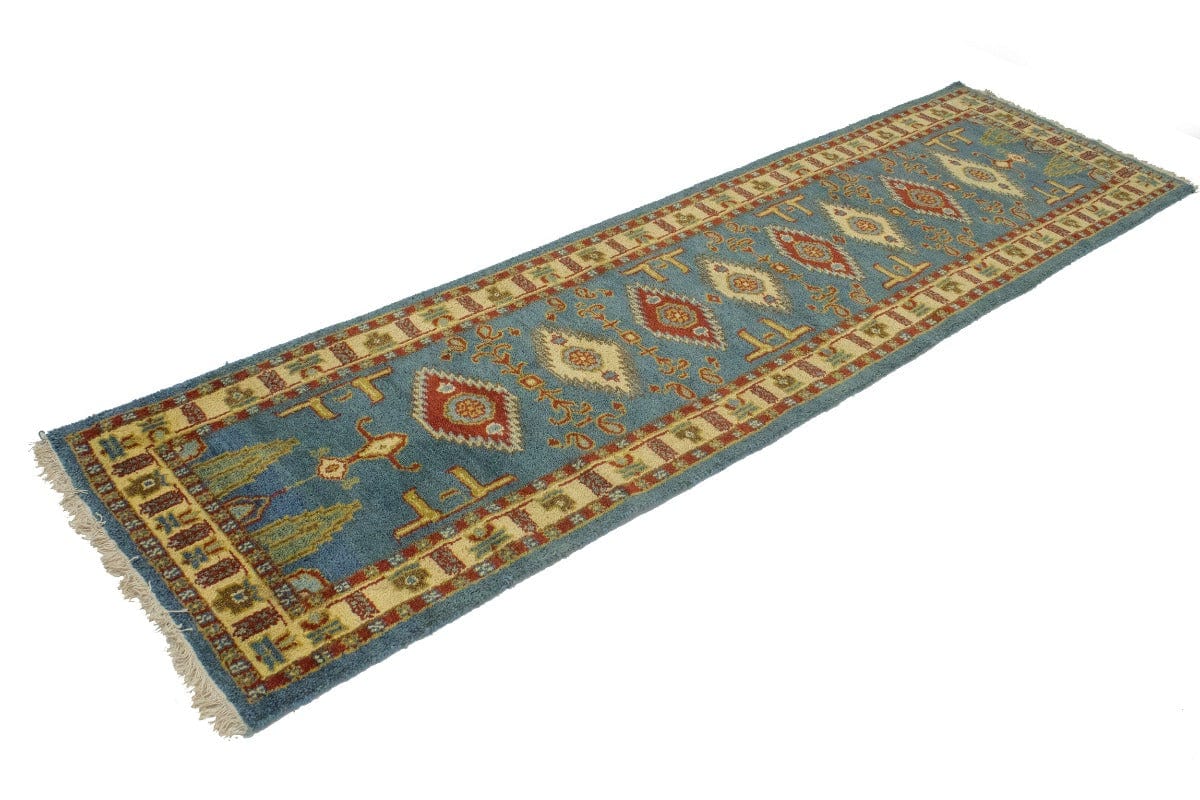 Blue Geometric 2'8X9'5 Kazak Oriental Runner Rug