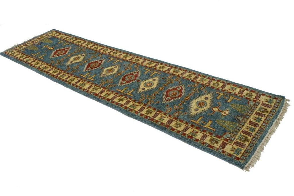 Blue Geometric 2'8X9'5 Kazak Oriental Runner Rug