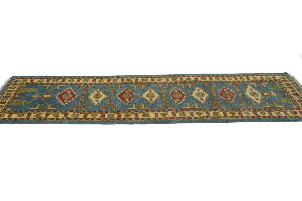 Blue Geometric 2'8X9'5 Kazak Oriental Runner Rug