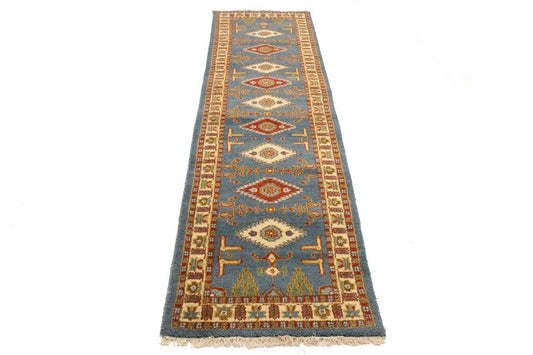 Blue Geometric 3X10 Kazak Oriental Runner Rug