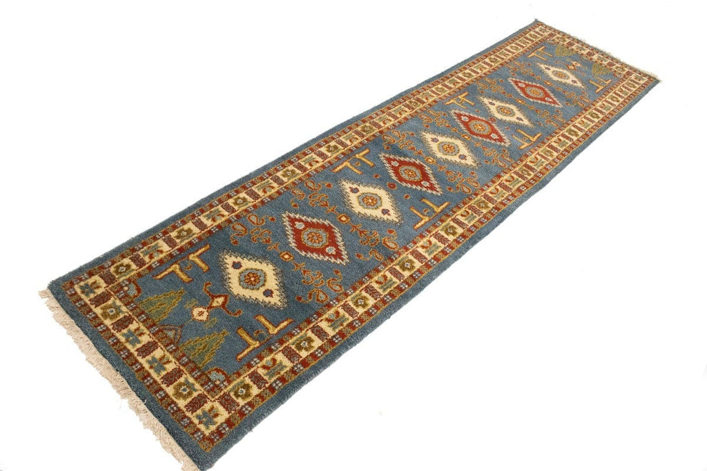 Blue Geometric 3X10 Kazak Oriental Runner Rug