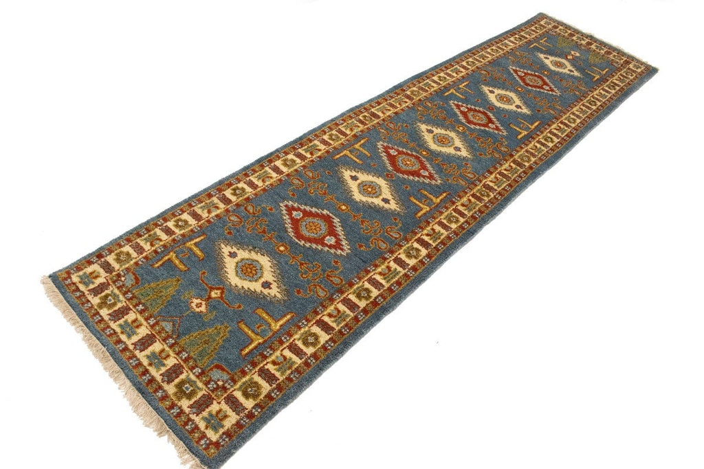 Blue Geometric 3X10 Kazak Oriental Runner Rug