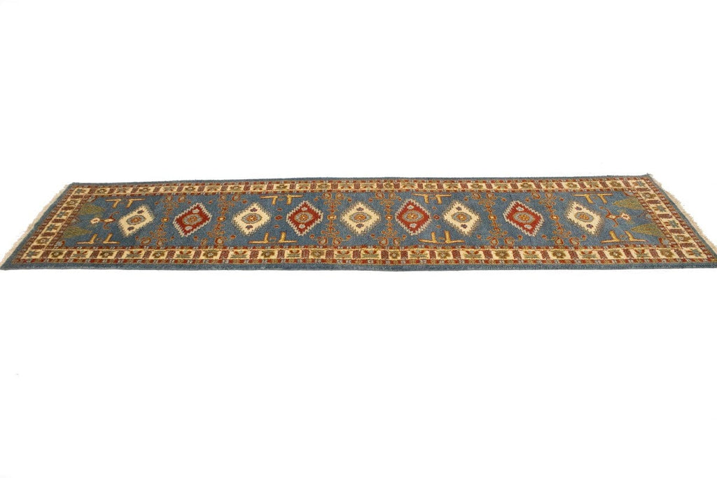 Blue Geometric 3X10 Kazak Oriental Runner Rug