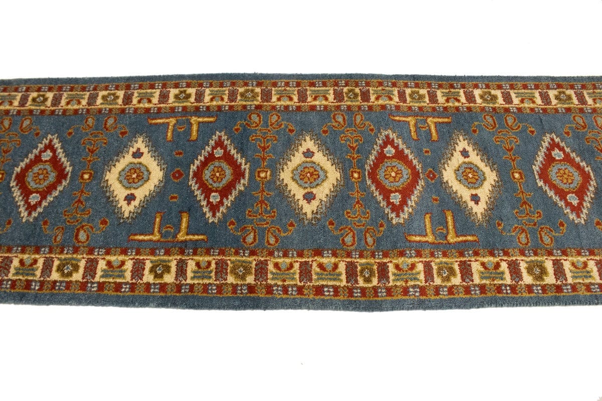 Blue Geometric 3X10 Kazak Oriental Runner Rug