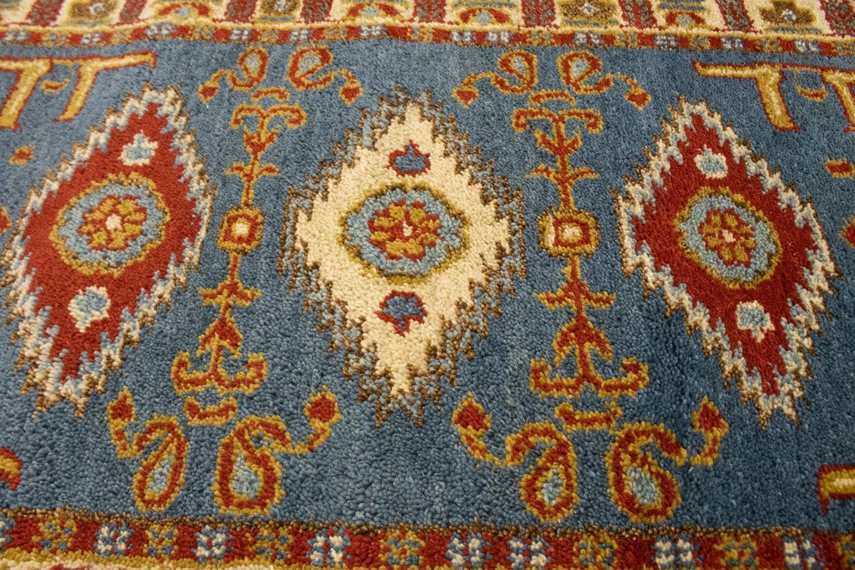 Blue Geometric 3X10 Kazak Oriental Runner Rug