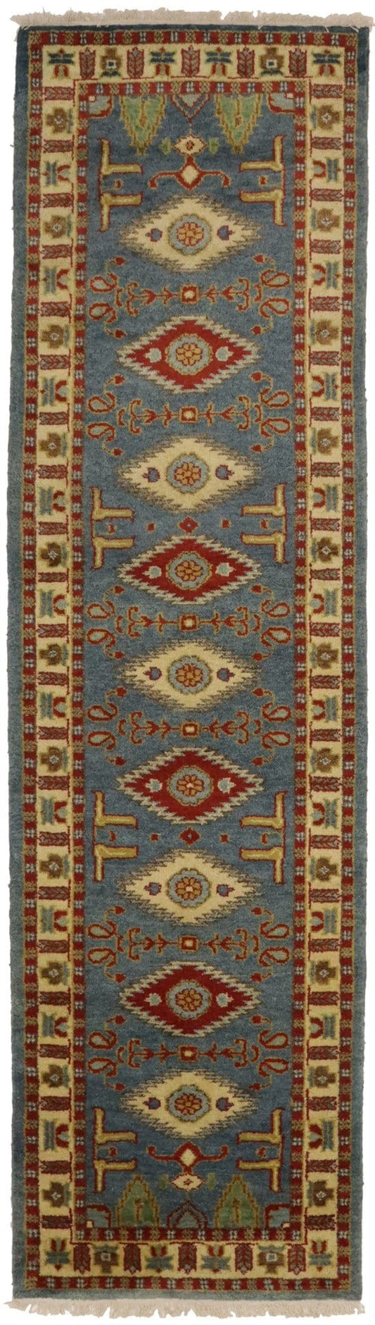 Blue-gray Geometric 3X10 Kazak Oriental Runner Rug