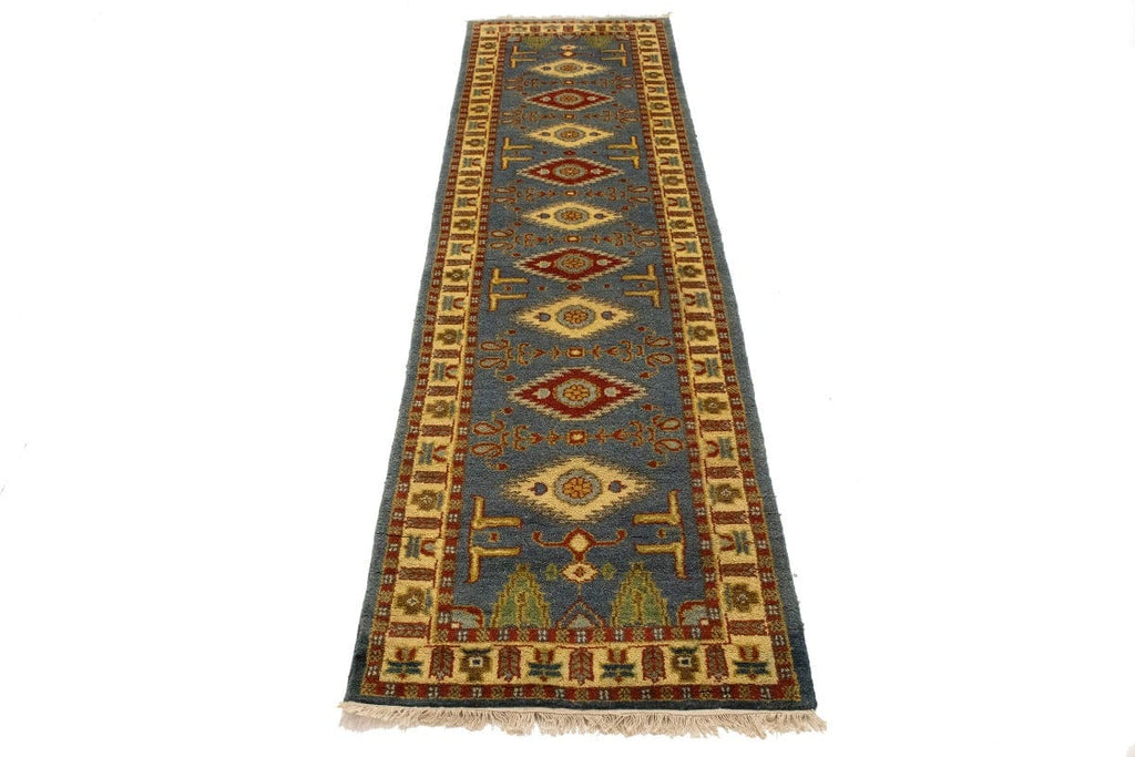 Blue-gray Geometric 3X10 Kazak Oriental Runner Rug