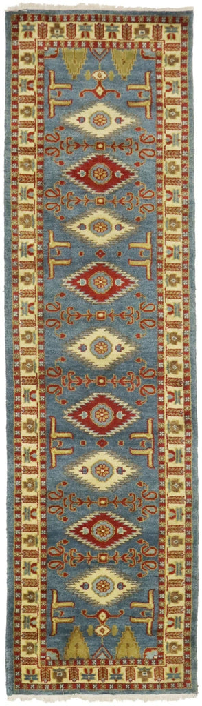 Blue Geometric 3X10 Kazak Oriental Runner Rug