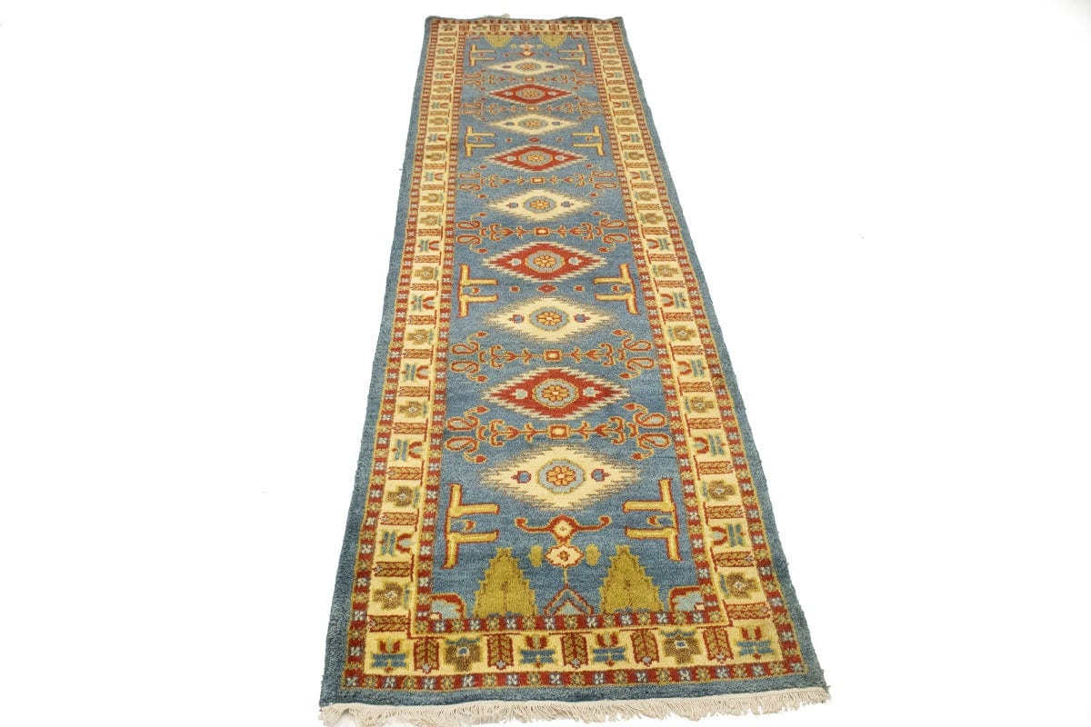 Blue Geometric 3X10 Kazak Oriental Runner Rug