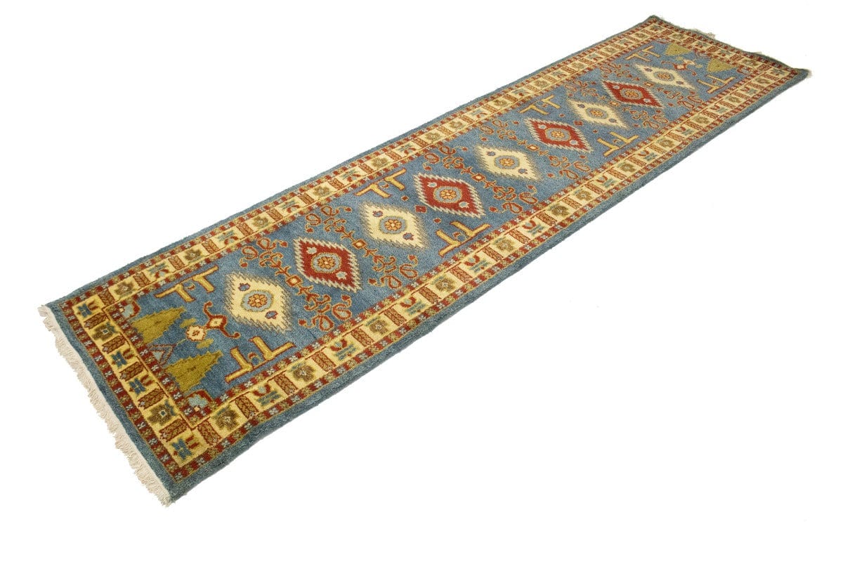 Blue Geometric 3X10 Kazak Oriental Runner Rug