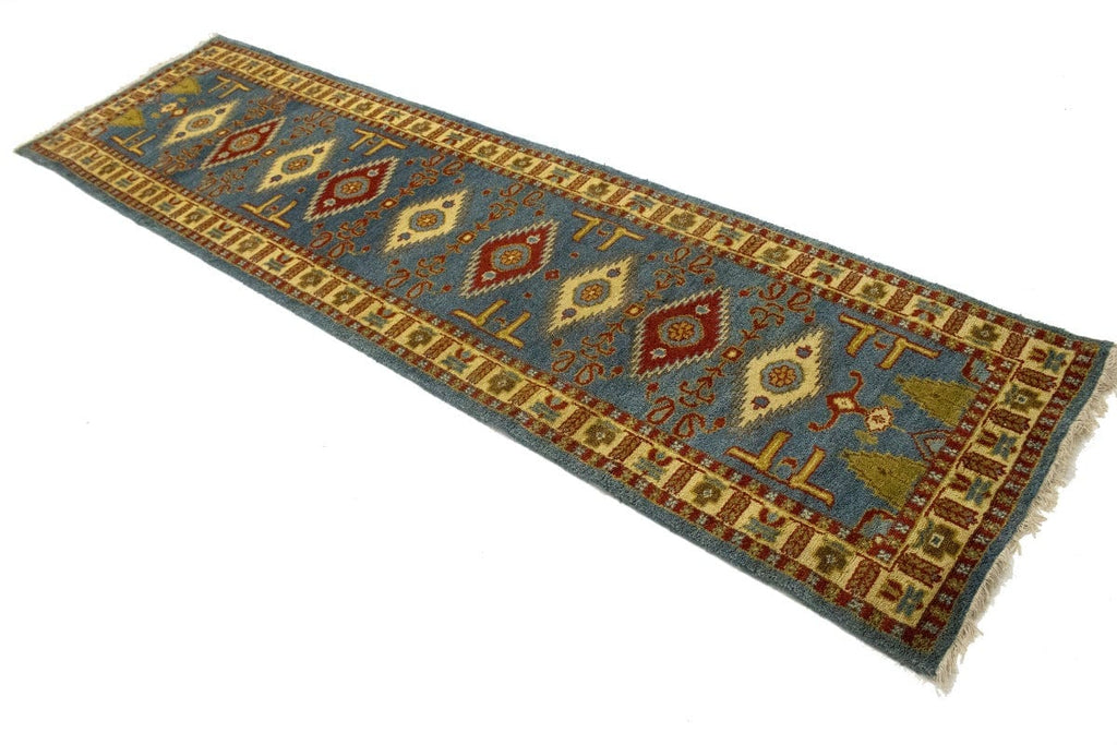 Blue Geometric 3X10 Kazak Oriental Runner Rug