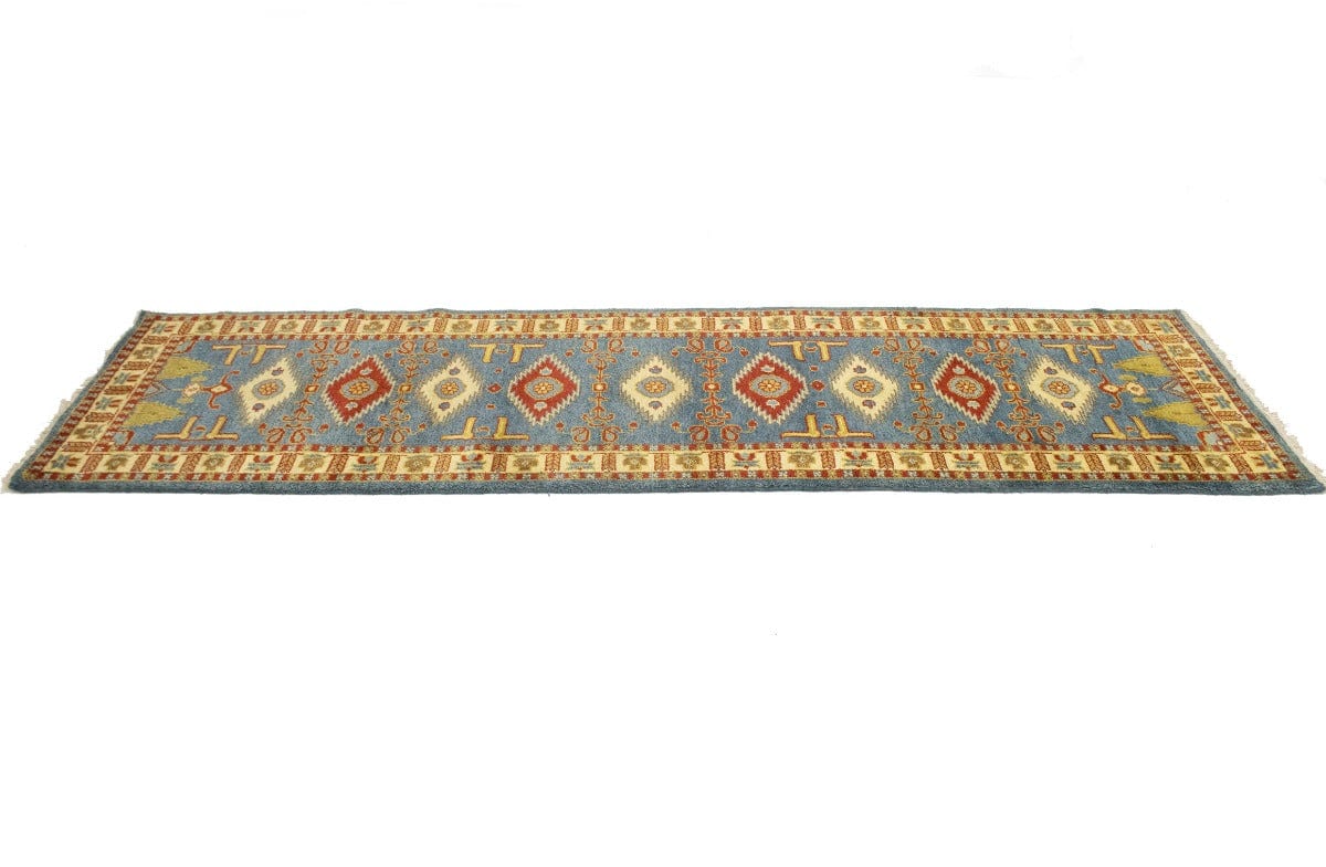 Blue Geometric 3X10 Kazak Oriental Runner Rug