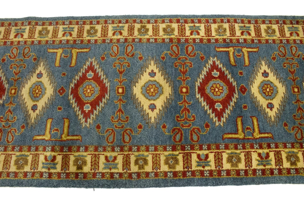 Blue Geometric 3X10 Kazak Oriental Runner Rug