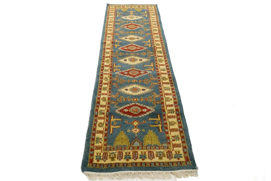 Blue Geometric 2'8X9'4 Kazak Oriental Runner Rug