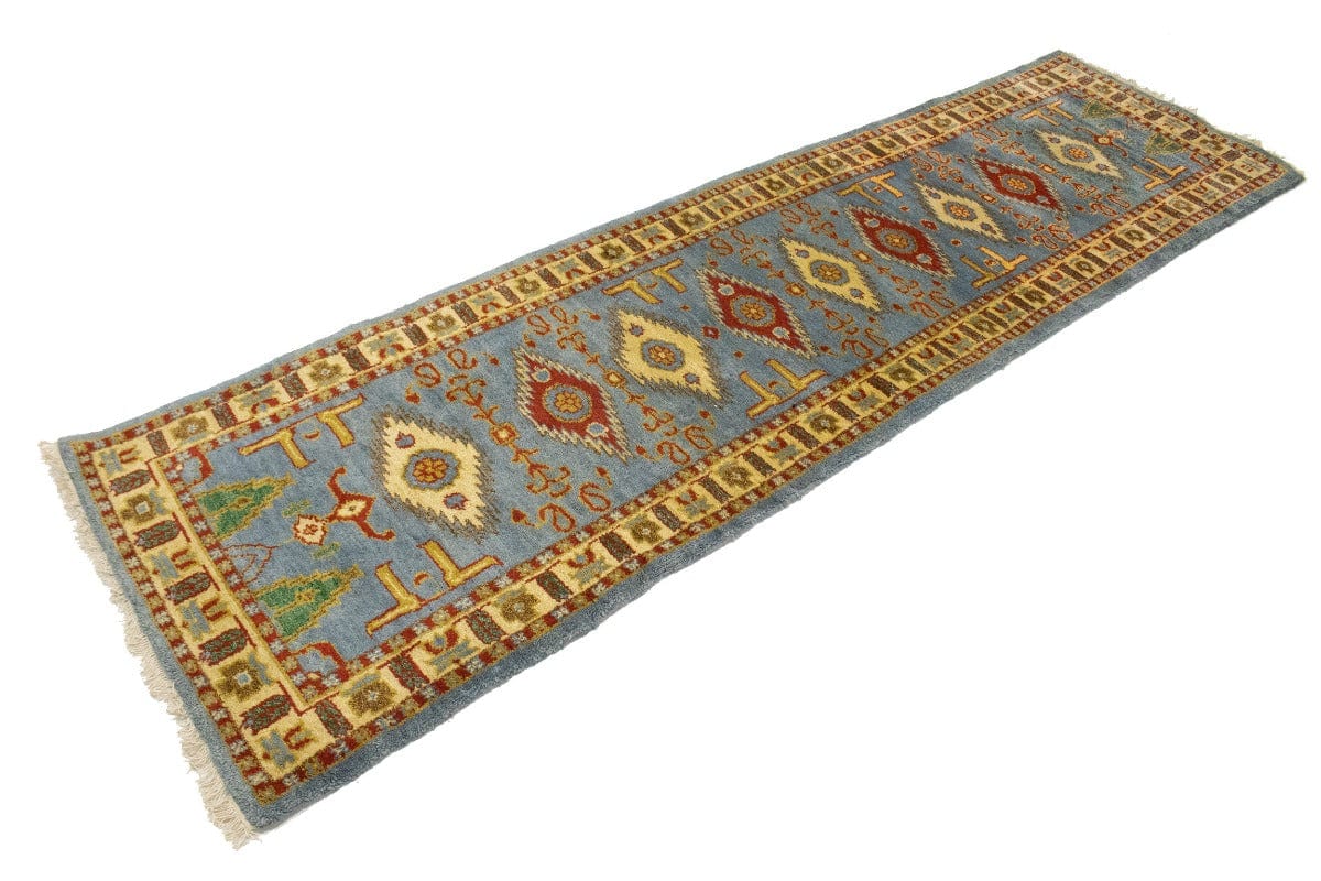 Blue-gray Geometric 3X10 Kazak Oriental Runner Rug