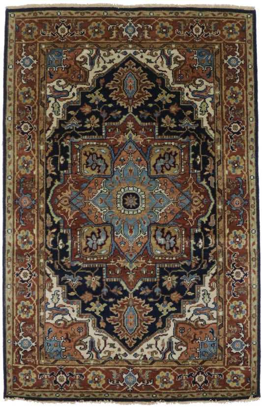 Dark Navy Geometric 4X6 Heriz Serapi Oriental Rug