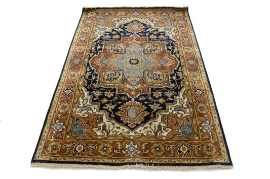 Dark Navy Geometric 4X6 Heriz Serapi Oriental Rug