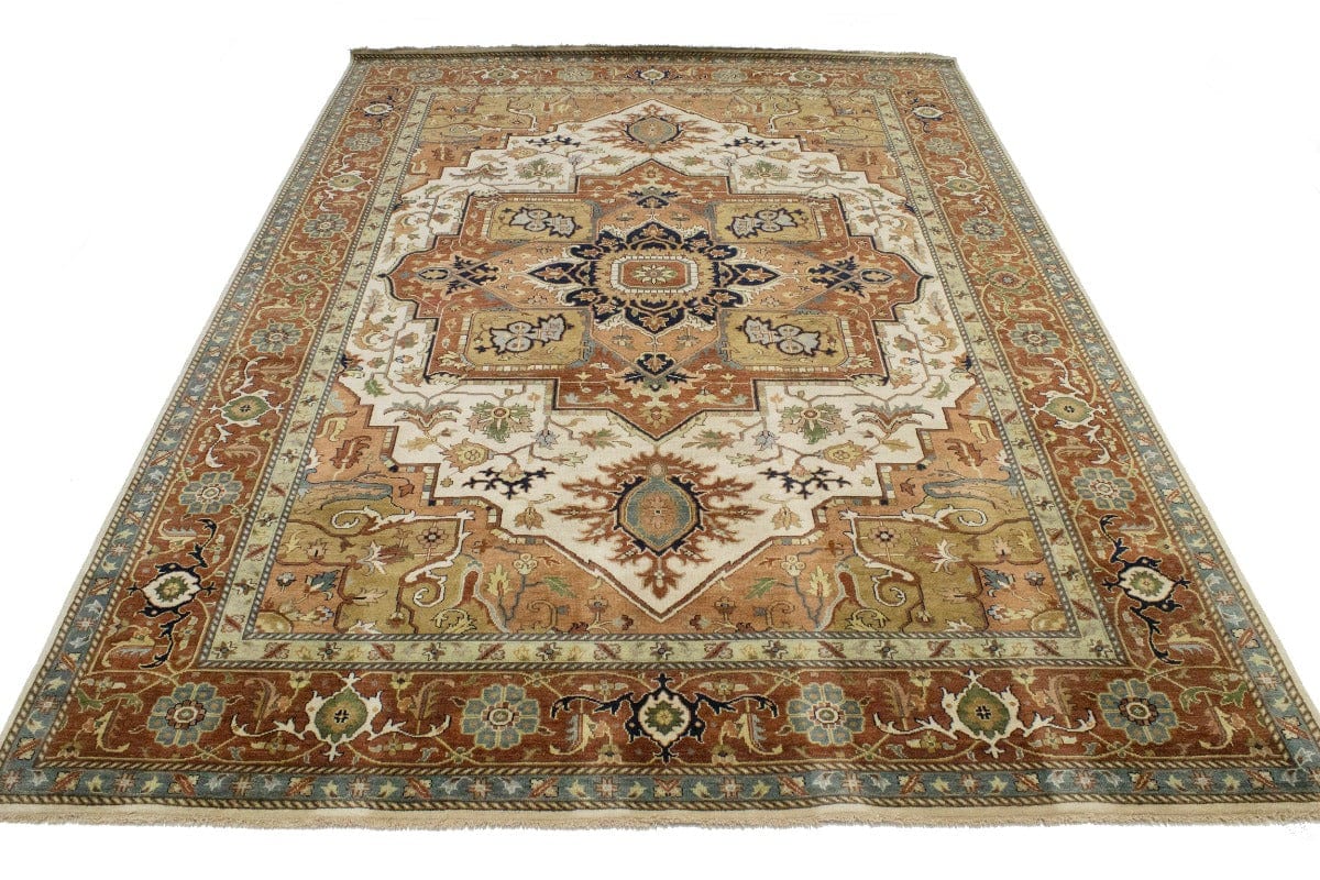 Cream Geometric 10X14 Heriz Serapi Oriental Rug