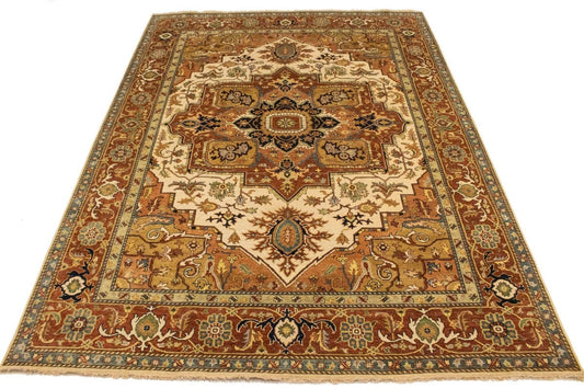 Cream Geometric 9X12 Heriz Serapi Oriental Rug