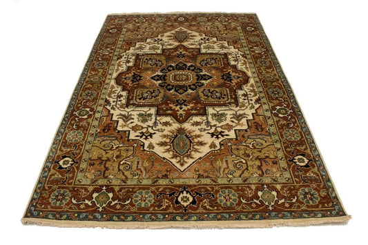 Cream Geometric 6X9 Heriz Serapi Oriental Rug