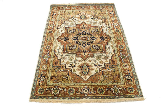 Cream Geometric 4X6 Heriz Serapi Oriental Rug