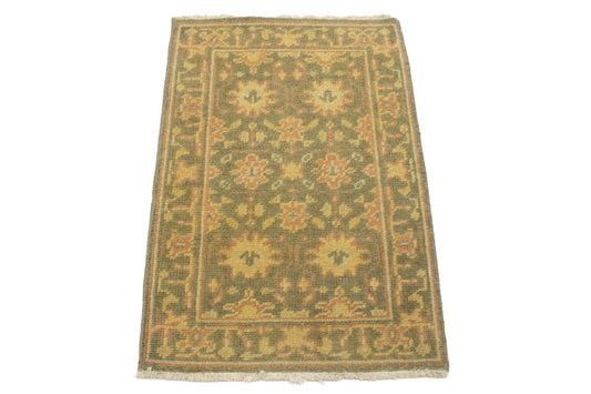 Muted Olive Green Floral 2X3 Oushak Chobi Oriental Rug