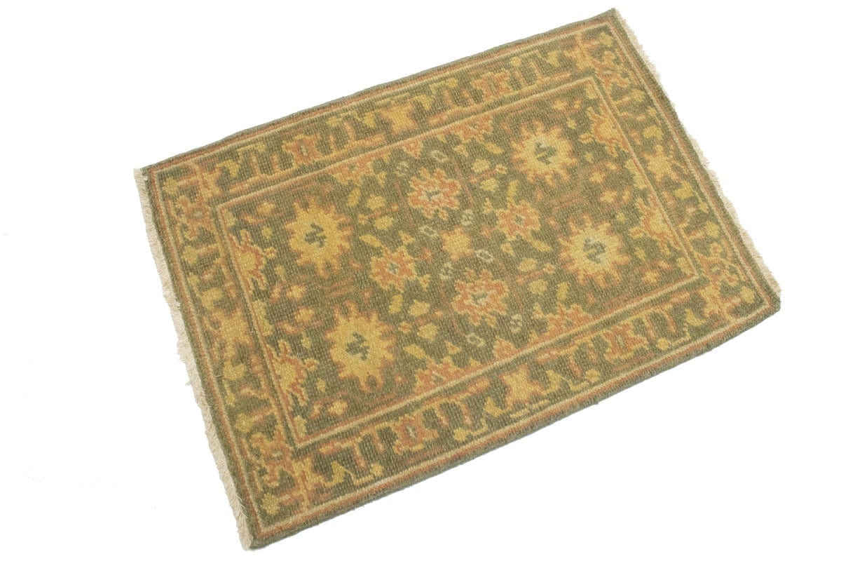 Muted Olive Green Floral 2X3 Oushak Chobi Oriental Rug