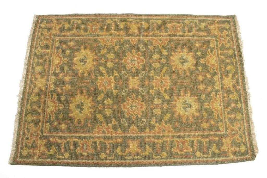 Muted Olive Green Floral 2X3 Oushak Chobi Oriental Rug