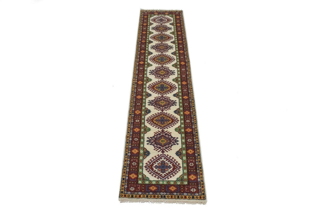 Ivory Geometric 3X12 Kazak Oriental Runner Rug