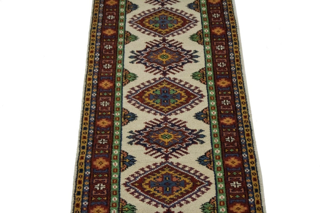 Ivory Geometric 3X12 Kazak Oriental Runner Rug