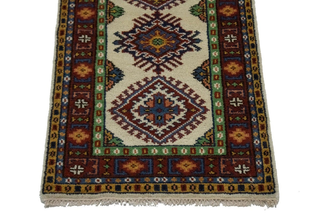 Ivory Geometric 3X12 Kazak Oriental Runner Rug