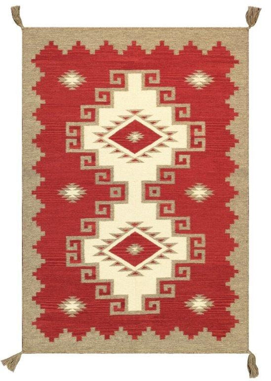 Navajo Style Hand-Woven Wool Red Area Rug- 4' 2" X 5'11"