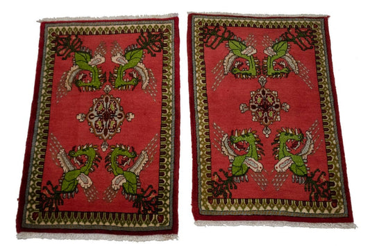 Pair of Small Vintage Red Pictorial 2X3 Kashan Persian Rug