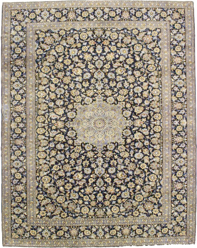 Vintage Navy Blue Traditional 10X13 Kashan Persian Rug