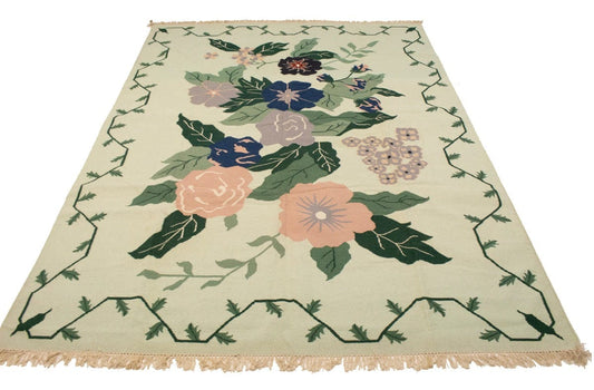 Mint Cream Floral Dhurrie 9X12 Indian Oriental Rug