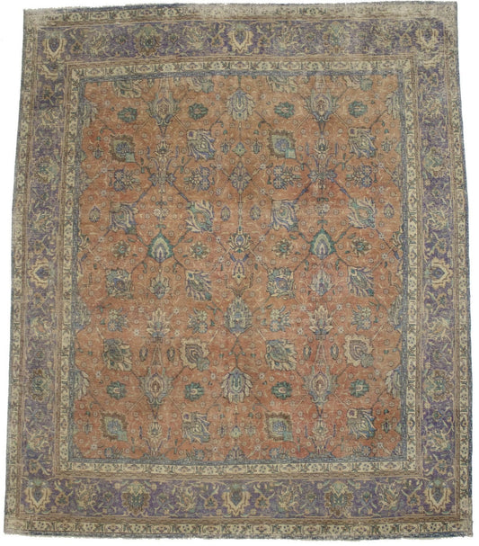 Muted Traditional Floral 9'8X11'5 Distressed Tabriz Persian Rug