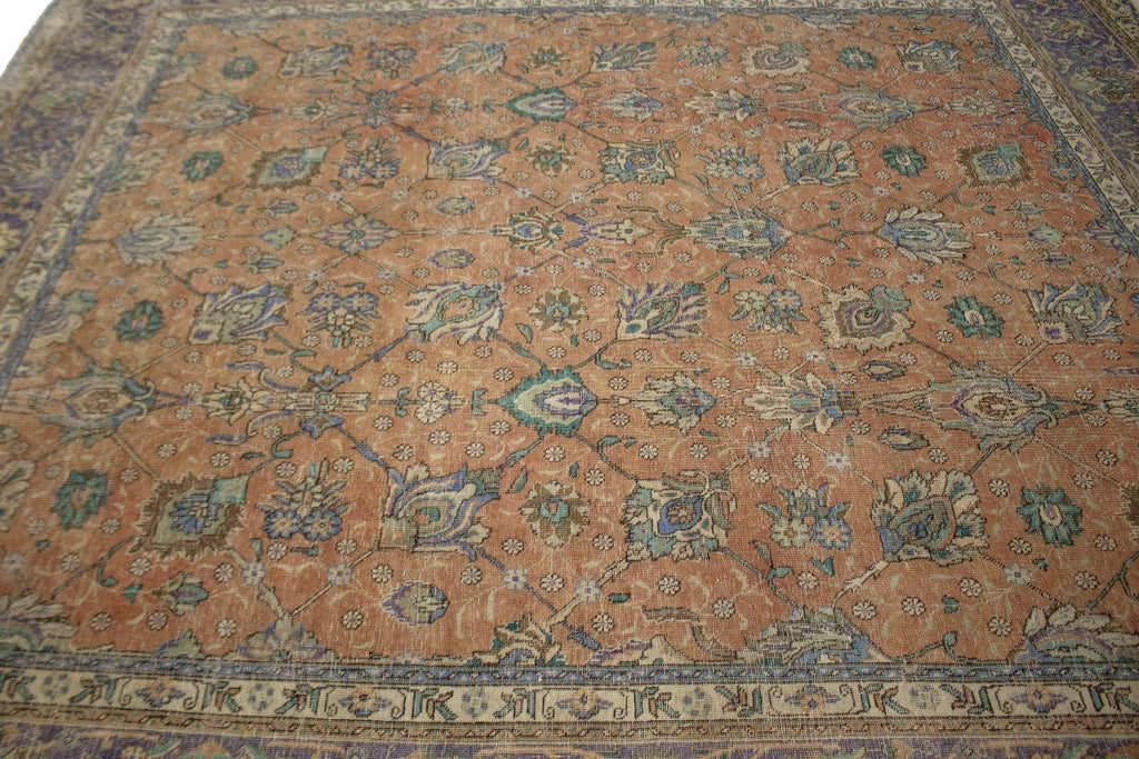 Muted Traditional Floral 9'8X11'5 Distressed Tabriz Persian Rug