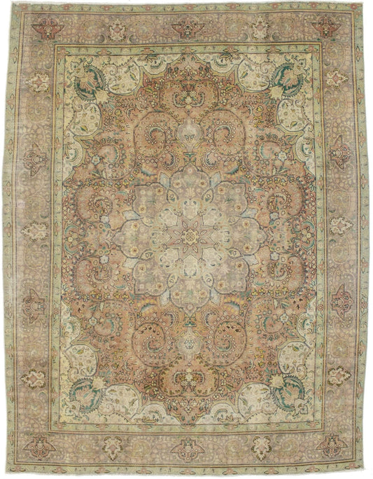 Distressed Antique Floral 9'3X12'5 Tabriz Persian Rug