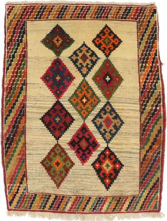 Semi Antique Tribal Cream 3'6X4'6 Gabbeh Persian Rug