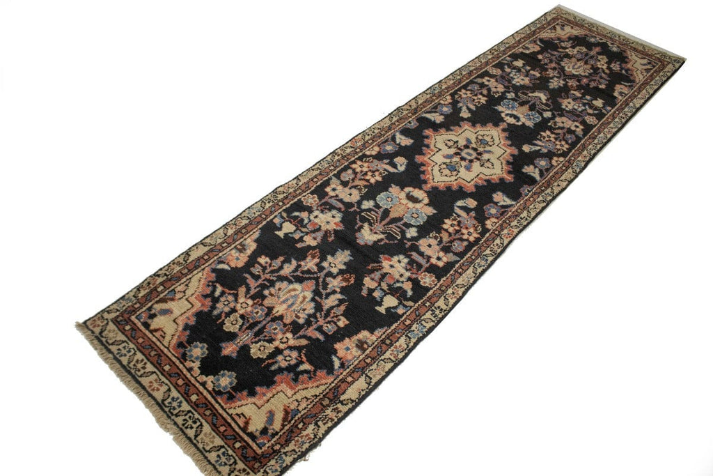 Semi Antique Floral Charcoal 2'4X9'4 Hamedan Persian Runner Rug