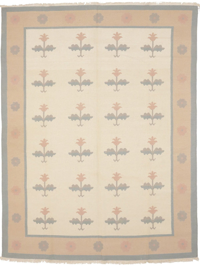 Cream Floral Dhurrie 9X12 Indian Oriental Rug