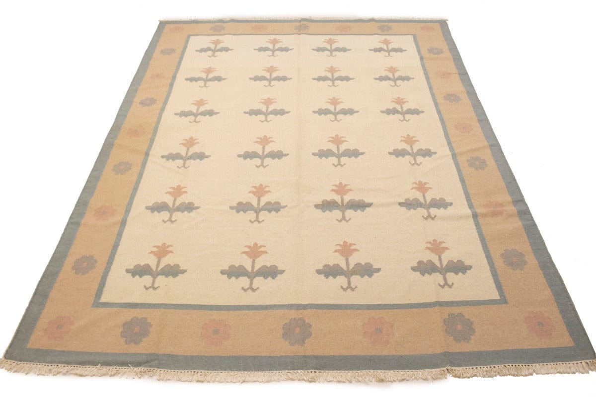 Cream Floral Dhurrie 9X12 Indian Oriental Rug