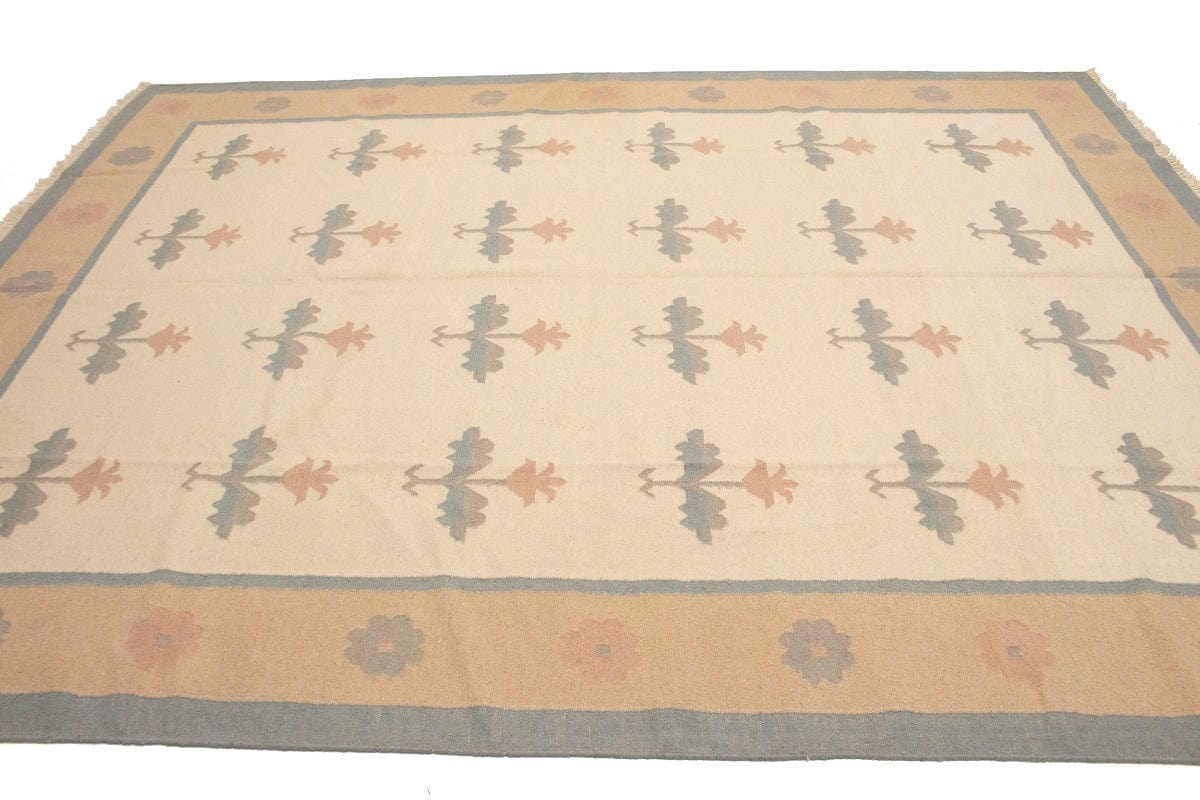 Cream Floral Dhurrie 9X12 Indian Oriental Rug