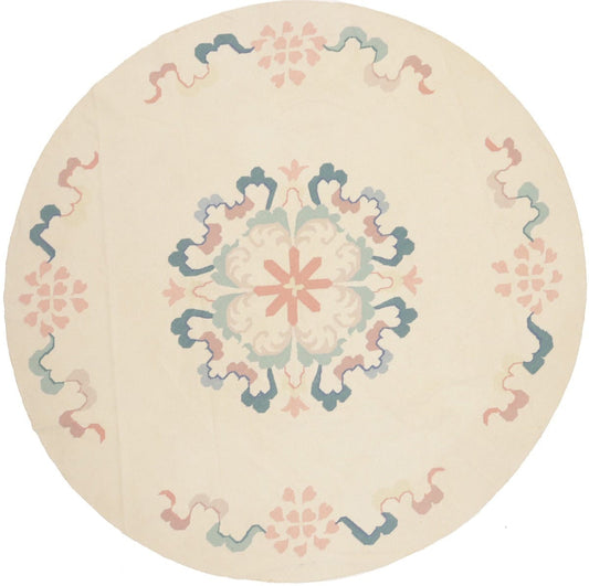 Cream Floral Dhurrie 9'5X9'5 Indian Oriental Round Rug