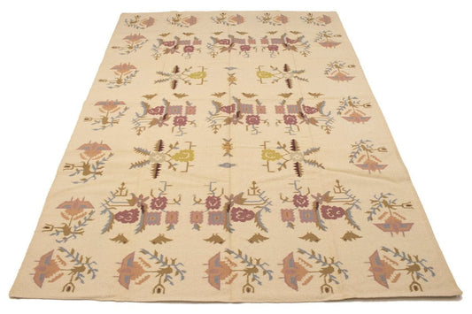 Cream Floral Pictorial Dhurrie 8X11'5 Indian Oriental Rug