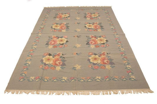 Greige Floral Dhurrie 9X12 Indian Oriental Rug