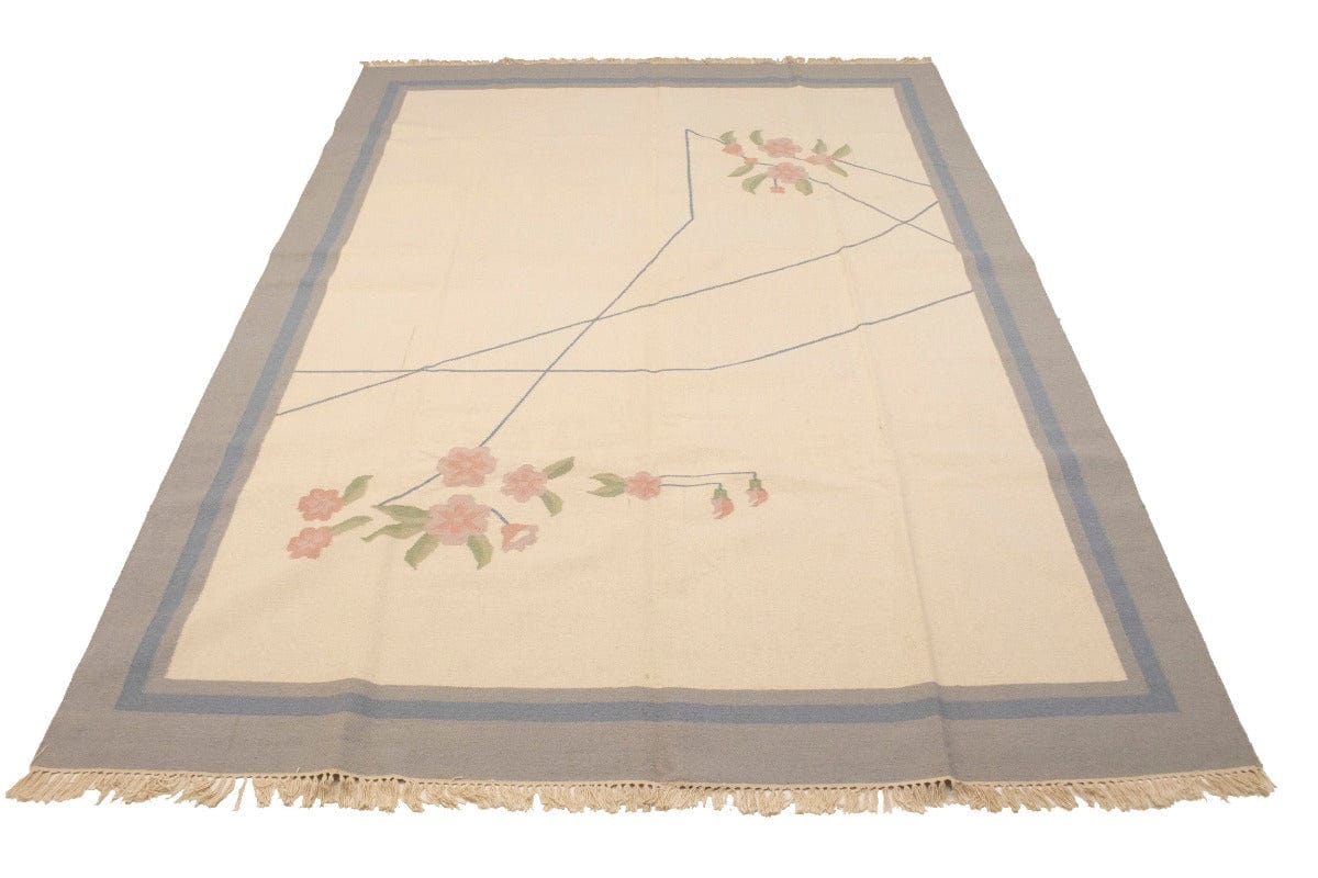 Cream Floral Dhurrie 9X12 Indian Oriental Rug