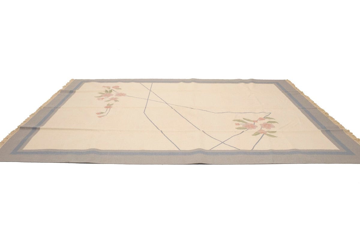 Cream Floral Dhurrie 9X12 Indian Oriental Rug