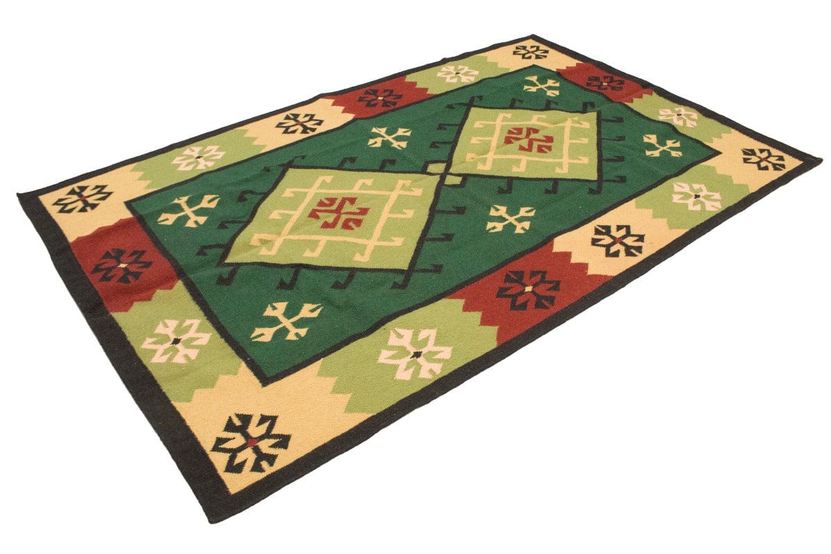 Green Geometric Dhurrie 5'5X8'4 Indian Oriental Rug